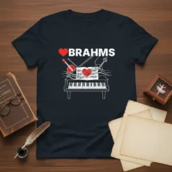 I Love Brahms T-Shirt featuring a red heart, the word Brahms, piano, violin, and musical notes design