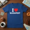 I Love Budapest T-Shirt featuring bold white text and a red heart graphic, representing travel to Hungary