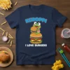 Navy t-shirt with "KEROPPI I LOVE BURGERS" text and a Keroppi frog character sitting on a giant burger
