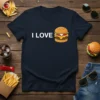 Navy blue t-shirt with "I Love Burgers" text and a cartoon burger graphic