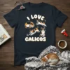 I Love Calicos t-shirt design featuring multiple calico cat illustrations and the text "I LOVE CALICOS" in bold letters