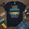 I LOVE CAR CONCERTS WITH ME AS THE STAR text with vintage yellow convertible and speakers graphic on a navy