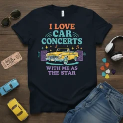 I LOVE CAR CONCERTS WITH ME AS THE STAR text with vintage yellow convertible and speakers graphic on a navy