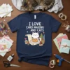 T-shirt with white text "I LOVE CARD MAKING AND CATS" and a cartoon cat surrounded by crafting supplies