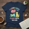 I LOVE CATS CATS I LOVE CATS love cats text with three colorful cartoon cats on a navy t-shirt design