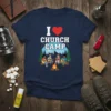 I Love Church Camp t-shirt with graphic of kids playing guitars around a campfire, mountains and trees in background