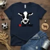 Navy t-shirt with black and white cow graphic and text "I Love Cow Print"