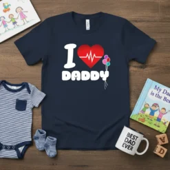 Navy blue t-shirt with "I Love Daddy" text, a red heart with a white heartbeat line, and colorful balloons