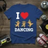 I Love Dancing t-shirt with three Golden Retrievers wearing headphones and dancing, white text and red heart graphic