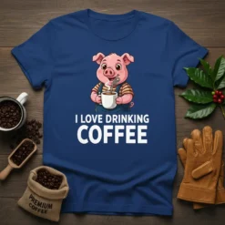 Cute cartoon pig holding a coffee mug with steam rising, text reads "I Love Drinking Coffee" on a navy t-shirt