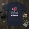 Navy t-shirt with "I Love Edwin" text, a pixelated heart, and a retro video game controller graphic