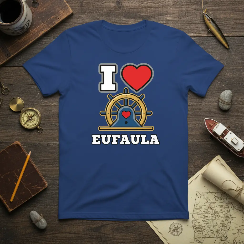 I Love Eufaula design with a heart and boat steering wheel graphic on a blue t-shirt