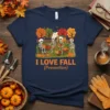 I LOVE FALL (Prevention) text with skeletons gardening and pumpkins, dark navy t-shirt, autumn theme