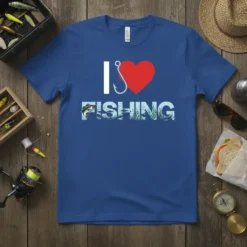 Blue t-shirt with "I Love Fishing" graphic, featuring a heart icon with a fishing hook and underwater scene with fish