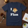 I Love Flan T-Shirt with a cute, smiling flan graphic and bold text