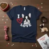 I LOVE French Bulldog design with heart and dog face on a navy t-shirt