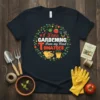 I Love Gardening From My Head Tomatoes quote on a dark t-shirt with gardening graphics like watering can and tomato
