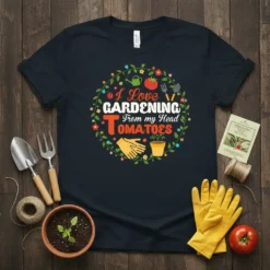 I Love Gardening From My Head Tomatoes quote on a dark t-shirt with gardening graphics like watering can and tomato