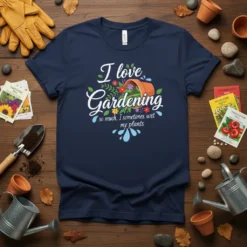 Gardening quote t-shirt: "I love Gardening so much, I sometimes wet my plants." features floral design and spilled pot