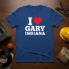 I Love Gary Indiana t-shirt with white text and a red heart graphic