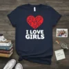 I Love Girls t-shirt with red heart filled with female symbols and bold white text