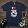 I Love Hockey T-Shirt with a graphic of a hockey player skating and a red heart symbol