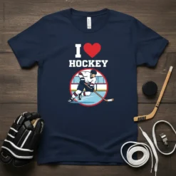 I Love Hockey T-Shirt with a graphic of a hockey player skating and a red heart symbol