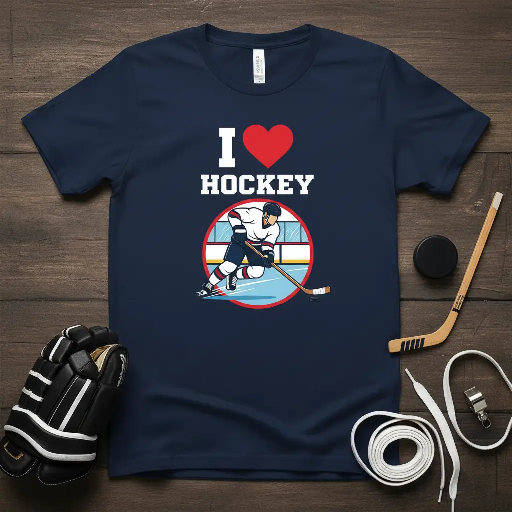 I Love Hockey text with a hockey player graphic on a comfortable t-shirt design