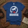 I Love Horse T-Shirt featuring a white horse silhouette inside a horseshoe with a red heart and bold white text