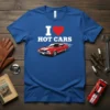 I Love Hot Cars t-shirt featuring white text and a red vintage car graphic