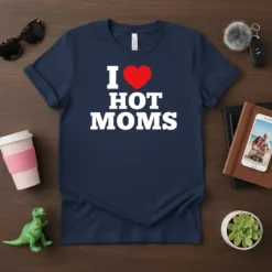 Navy blue t-shirt with white text "I LOVE HOT MOMS" and a red heart graphic, designed for mothers