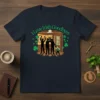 I love Irish Goodbyes text with silhouettes of people leaving a pub and shamrocks graphic on a navy t-shirt