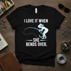 T-shirt design with text "I LOVE IT WHEN SHE BENDS OVER." featuring a woman fishing and a hook