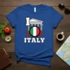 I Love Italy t-shirt design with Italian flag inside a laurel wreath and classical columns