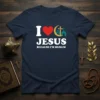 Navy blue t-shirt with "I love Jesus because I'm Muslim" text and religious symbols, including a heart, crescent moon, and