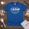 I Love KPOP t-shirt with white text and heart graphic, featuring finger heart gesture