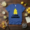 I Love Lemons t-shirt design featuring a stack of yellow lemons with the text "I LOVE LEMONS" in bold black