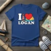 I love Logan t-shirt design with a stylized lighthouse and red heart graphic, symbolizing affection for the city