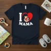I Love Mama t-shirt with white text and a graphic of a mother holding her baby within a red heart