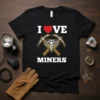 I Love Miners t-shirt with a red heart, crossed pickaxes, and a diamond graphic