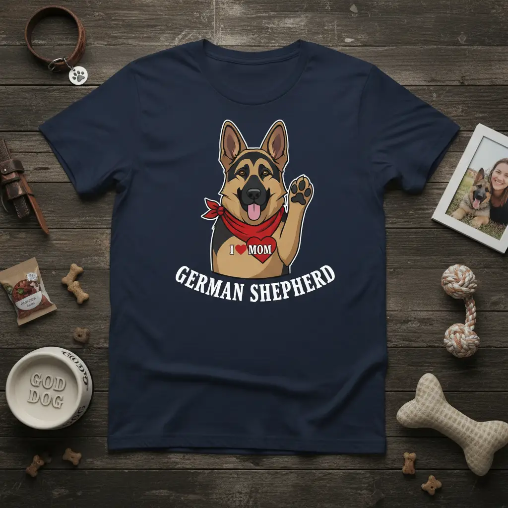 I LOVE MOM GERMAN SHEPHERD eye-catching design printed on quality cotton blend creating a standout t-shirt