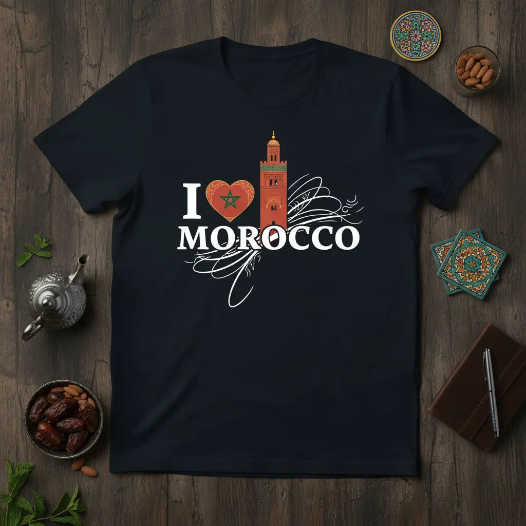 I Love Morocco t-shirt featuring a heart with Moroccan star and Koutoubia Mosque illustration