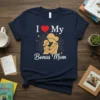 Navy t-shirt with "I Love My Bonus Mom" text and a silhouette of a mother hugging a child, framed by