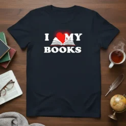 I Love My Books t-shirt with a heart symbol replacing the word "love" and an open book graphic