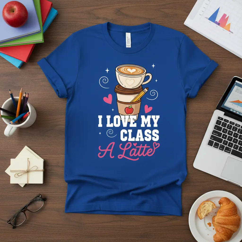 I LOVE MY CLASS A Latte quote on a blue t-shirt with stacked coffee cup graphic and pencil