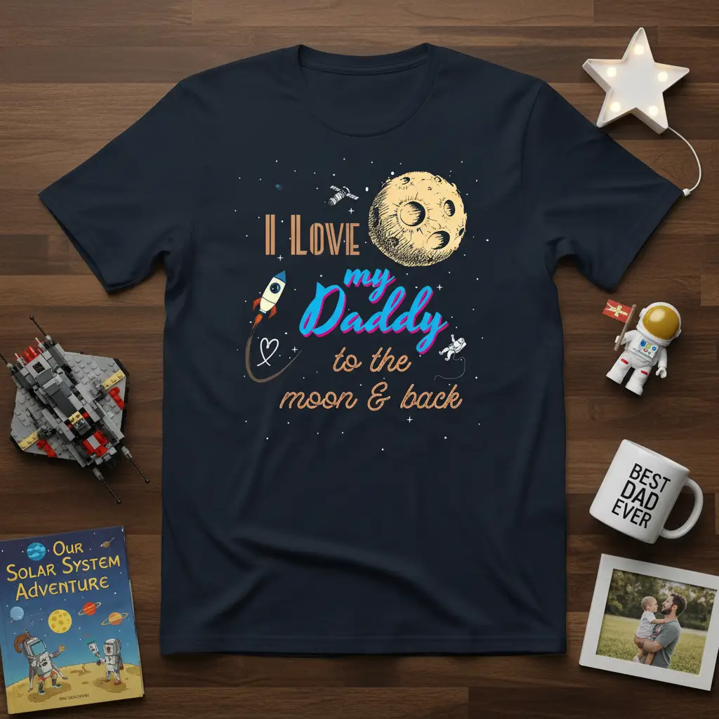 I Love My Daddy to the Moon & Back quote with moon and rocket on a navy t-shirt