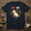 I Love My Dog T-Shirt with a cream-colored dog sitting inside a heart shape made of paw prints and bones