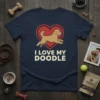 Navy t-shirt with "I Love My Doodle" text and a running doodle dog inside a red heart graphic
