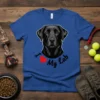 Black Labrador portrait with "I Love My Lab" text and red heart graphic on a blue t-shirt