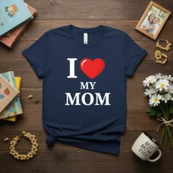Navy t-shirt with white text "I Love My Mom" and a red heart graphic, ideal for Mother's Day gifts